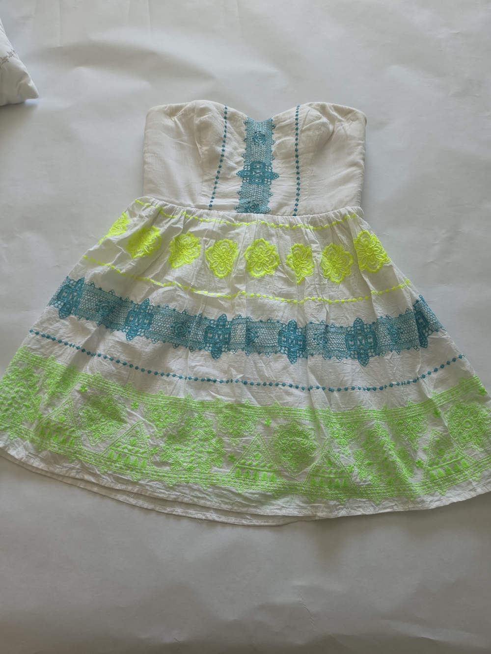 Deb White Strapless Sundress with Neon Green & Teal Embroidery